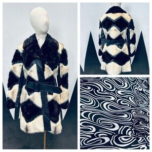 Luxurious Mink Black and White Diamond Checkerboard Pattern Fur Coat